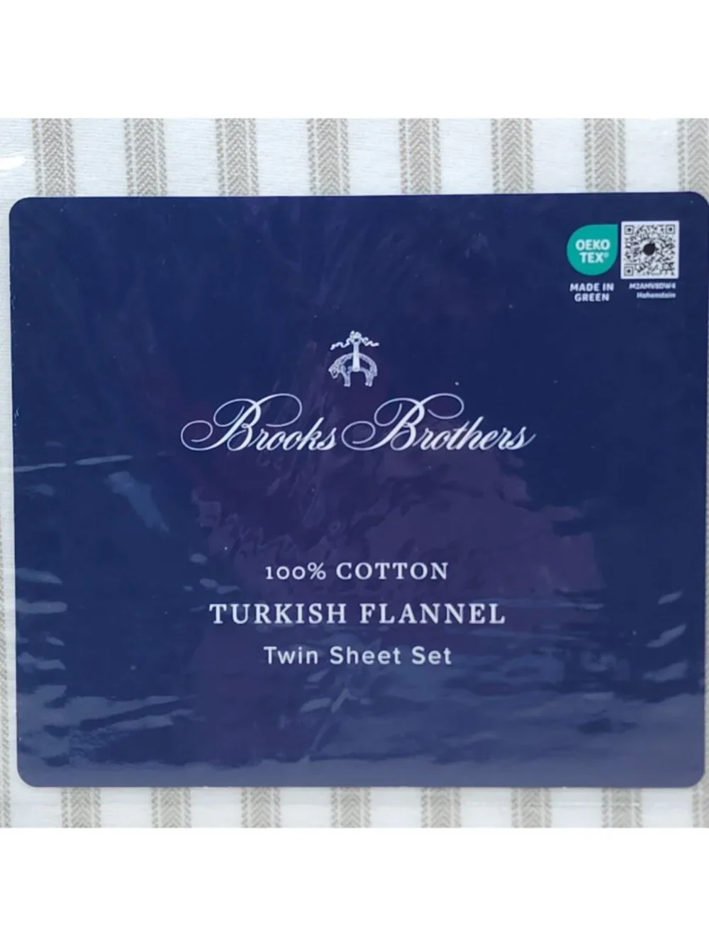 Brooks Brothers Turkish Flannel Twin Sheet Set 100% Cotton Striped Beige